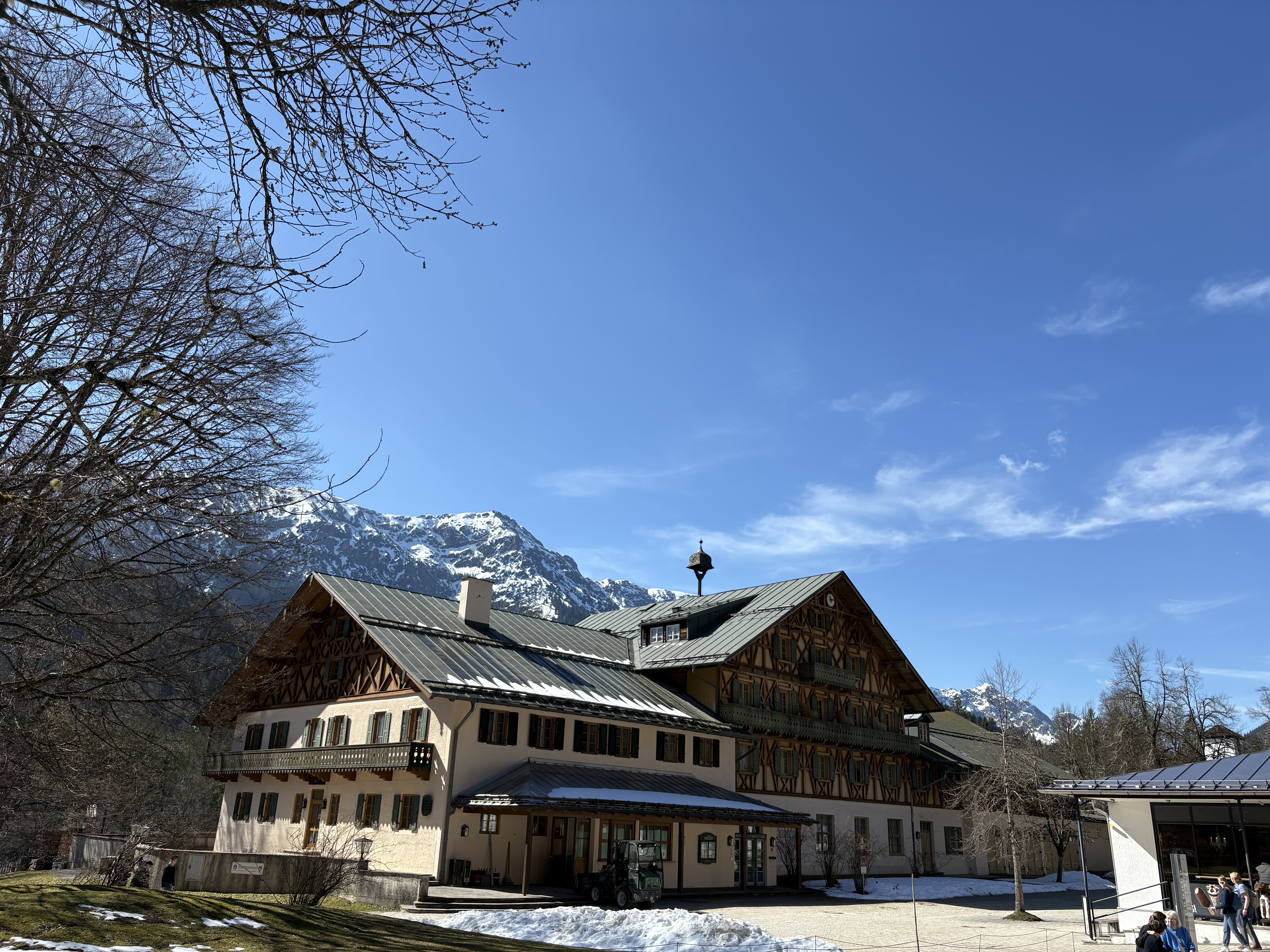 Bavarian chalet with snow-capped Alps
